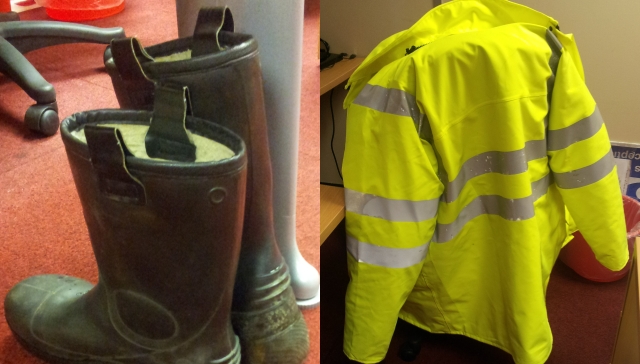 rubber wellies and a bright flourescent waterproof jacket